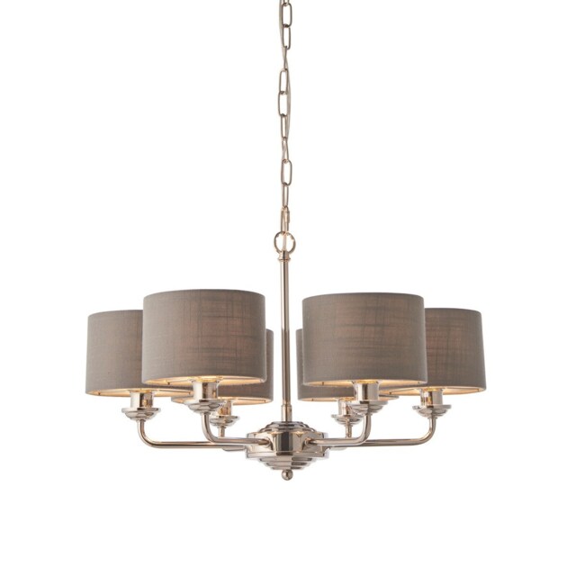 Highclere Pendant Light Bright Nickel Plate, Charcoal Fabric Multi Arm Shade