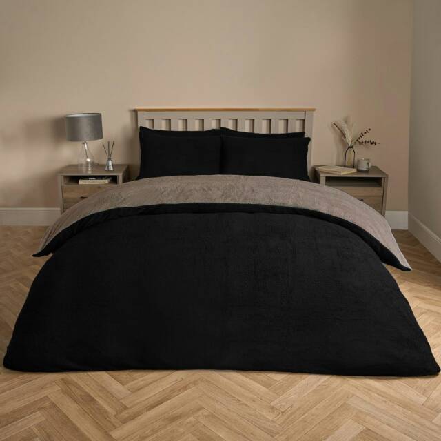OHS Luxury Teddy Fleece Reversible Duvet Cover and Pillowcase Bedding Set Multi Black/Natural Single