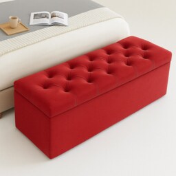 150cm Chesterfield Ottoman Storage Box, Red Plush Velvet Upholstered Blanket Box, End of Bed Bench, Deep Storage Chest