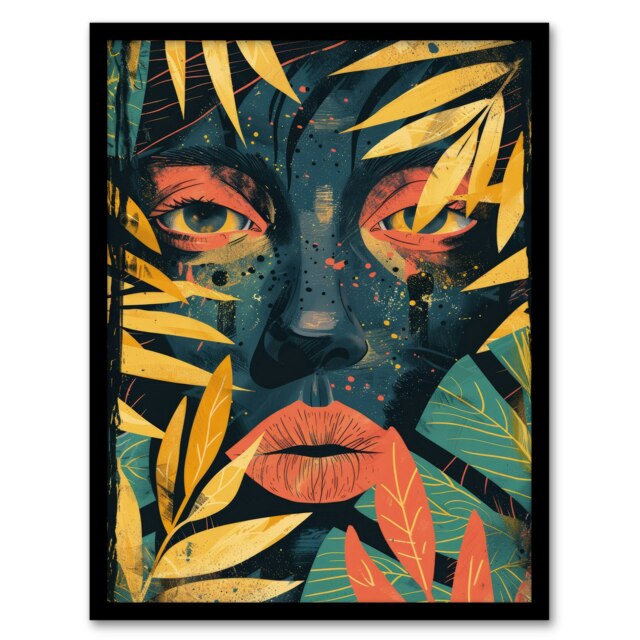 Through the Jungle Amazon Tribe Botanical Leaves Black Framed Wall Art Print A4