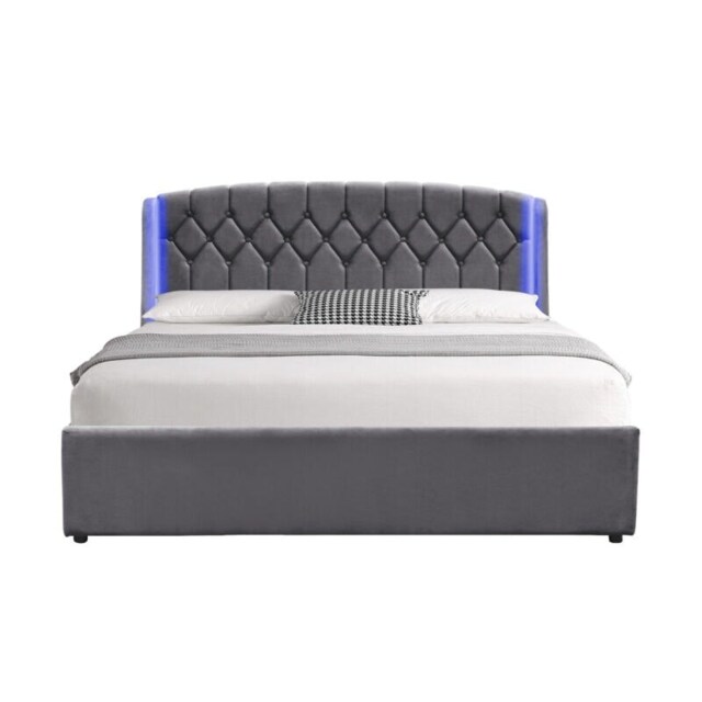 5ft Kingsize Fabric Gas Lift Ottoman Bed Frame With LED On Headboard In Grey
