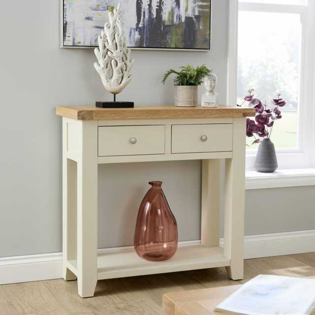 Melbourne 2 Storage Drawers Hallway Console Table Solid Wooden Oak Top White White