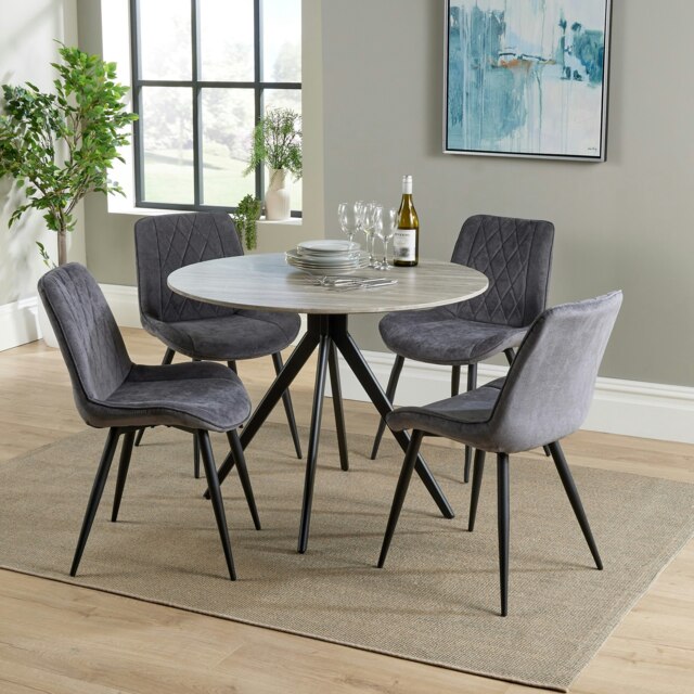 Aspen Grey Oak Effect 100cm Round Dining Table with 4 Diamond Stitch Upholstered Fabric Chairs - Modern Dining Set Grey Grey One Size 1