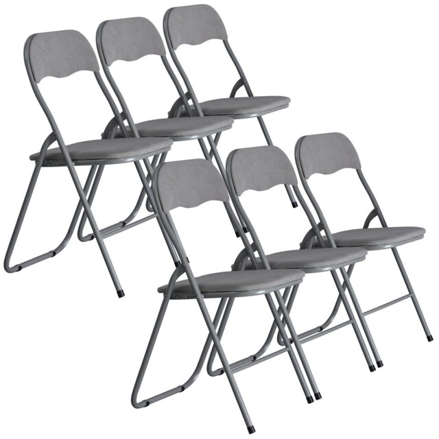6 Pc Folding Lightweight Chair Set Portable Metal Frame PVC Velvet Ribcord Seats Multi Light Grey Ribcord