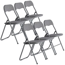 6 Pc Folding Lightweight Chair Set Portable Metal Frame PVC Velvet Ribcord Seats Multi Light Grey Ribcord