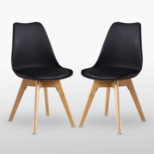 Set of 2 Scandinavian Dining Chairs with Leather Cushions Solid Wood Legs Black