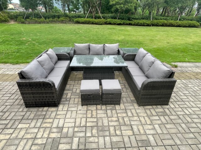 Fimous 11 Seater Garden Dining Sets Outdoor Rattan Furniture Lounge Sofa Height Adjustable Rising lifting Table With 2 Side Tables 2 Small Footstools Dark Grey Mixed