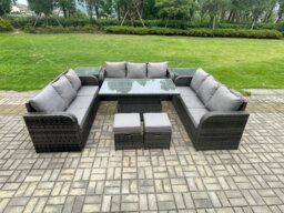 Fimous 11 Seater Garden Dining Sets Outdoor Rattan Furniture Lounge Sofa Height Adjustable Rising lifting Table With 2 Side Tables 2 Small Footstools Dark Grey Mixed