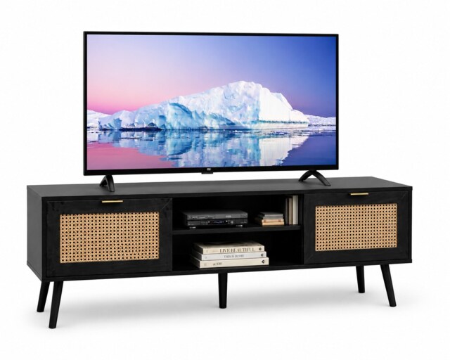 Modern Black Rattan TV Stand Cabinet with Two Cupboards and Shelves TV Unit - W150 x D40 x H52cm