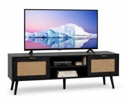 Modern Black Rattan TV Stand Cabinet with Two Cupboards and Shelves TV Unit - W150 x D40 x H52cm
