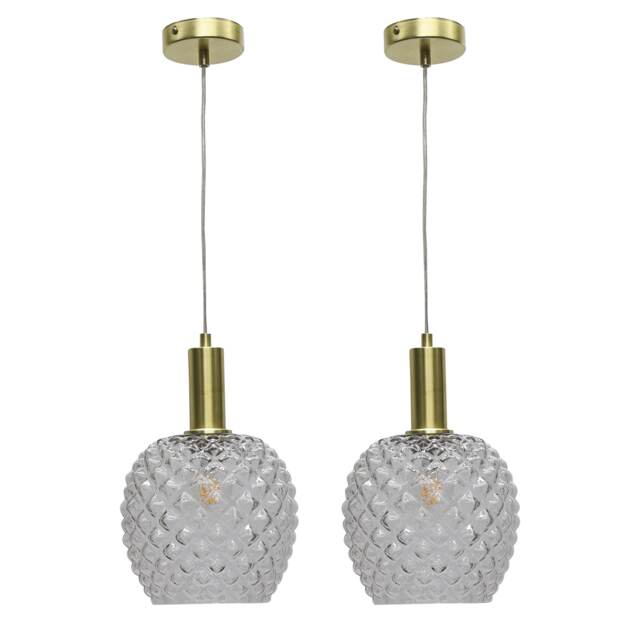 Set of 2 Baine - Clear Textured Glass Satin Brass Deco Pendants