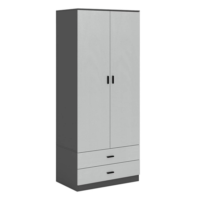 2-Door 2-Drawer Wardrobe with Storage Shelf, and Hanging Space - 180x75x46cm Black Black & Grey 1
