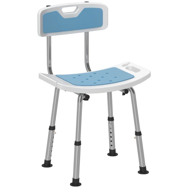 HOMCOM Shower Chair for the Elderly and Disabled, 6-Level Height Adjustable Shower Stool with Backrest, Curved Seat, Anti-slip Foot Pads and Shower Head Holder, Light Blue