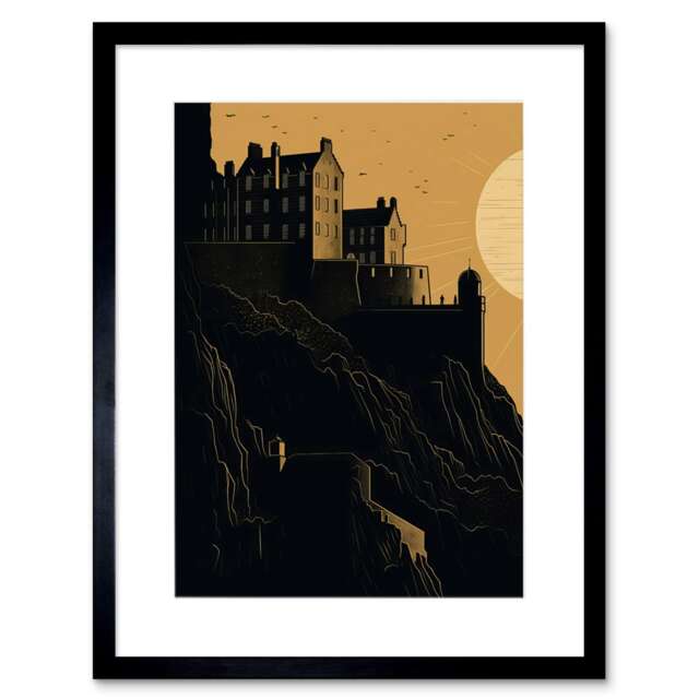 "Scotland Edinburgh Castle at Sunset High Contrast Painting 9x7"" Black Framed Wall Art Print"