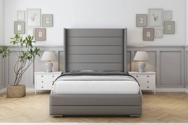 "Sloomy Sterling Pewter Dumfries Bed Frame With Mattress With 50"" Upholstered Wingback Headboard 2'6 Small Single"