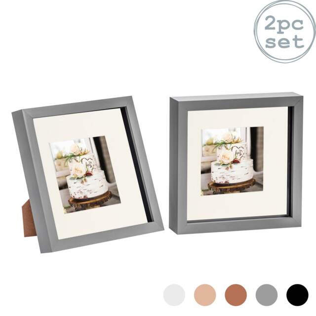 "Nicola Spring 8 x 8"" Photo Frames - Grey/Ivory Mount - 3D Picture Frame Box Portrait Display Case (22.5 x 22.5cm) Set of 2"