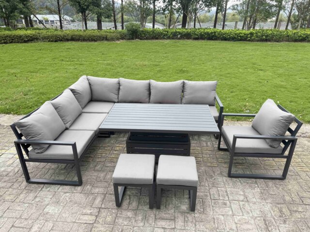 Fimous 8 Pieces Aluminium Garden Furniture Sets with Adjustable Rising Lifting Dining Table,2 Small Footstools 9 Seater Corner Sofa Set Dark Grey