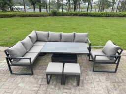 Fimous 8 Pieces Aluminium Garden Furniture Sets with Adjustable Rising Lifting Dining Table,2 Small Footstools 9 Seater Corner Sofa Set Dark Grey