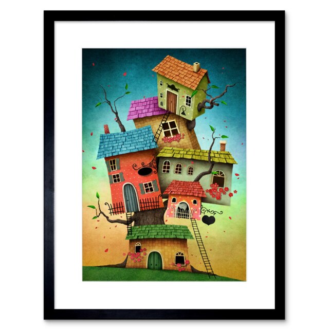 "Cute Treehouse Fun Colourful Kids Bedroom 9x7"" Black Framed Wall Art Print"