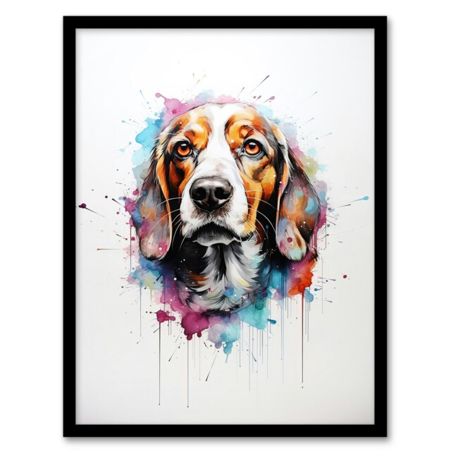 Beagle Dog Lovers Gift Watercolour Pet Portrait Black Framed Wall Art Print A4