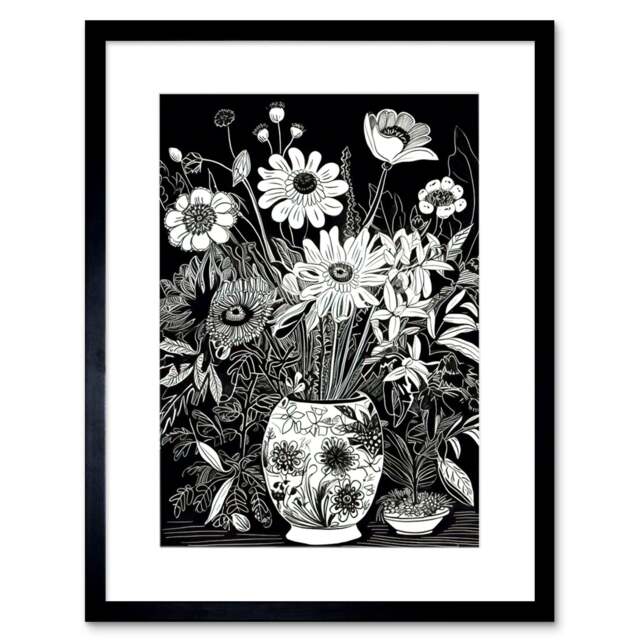 "Flower Bouquet Vase Black White Blind Contour 9x7"" Black Framed Wall Art Print"