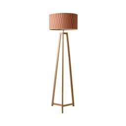 ValueLights Lottie Natural Wood Tripod Floor Lamp Orange Check Bamboo Shade