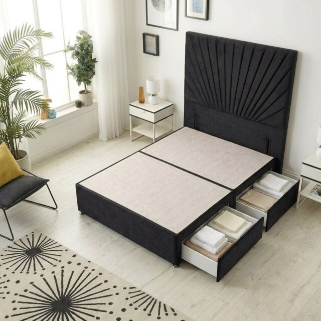 Sunburst Divan Bed with 2 Drawers & 54'' Floor Standing Headboard Plush Velvet Black Black