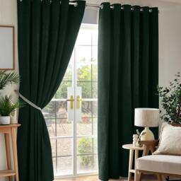 Chenille Blackout Eyelet Curtains Thermal Triple Weave Pair 168cm x 229cm Green