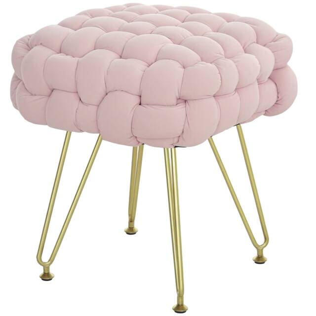 HOMCOM Square Foot Stool, Woven Footrest Ottoman with Metal Legs, Padded Makeup Vanity Stool, Velvet Dressing Table Seat for Bedroom, Pink