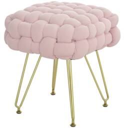 HOMCOM Square Foot Stool, Woven Footrest Ottoman with Metal Legs, Padded Makeup Vanity Stool, Velvet Dressing Table Seat for Bedroom, Pink