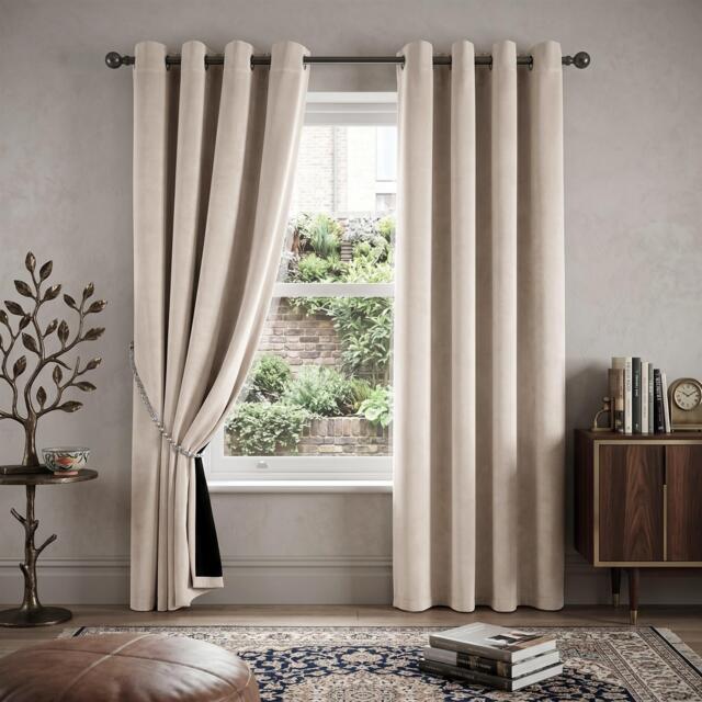 Velvet Thermal Blackout Eyelet Curtains Ready Made Pair - 168cm x 183cm - Cream