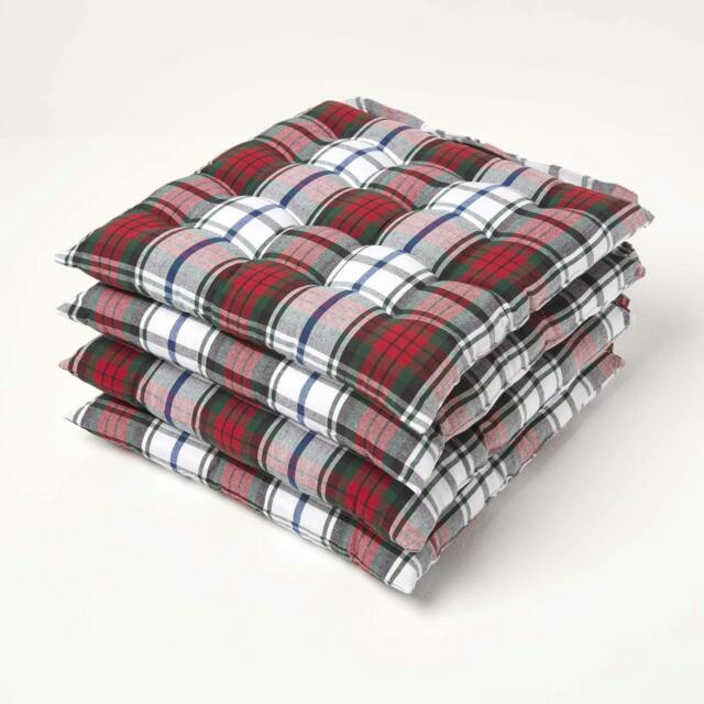Homescapes 4 x Seat Pads Luxury Cotton Tartan Indoor Outdoor Garden Dining Cushion Red 40 x 40 cm 4