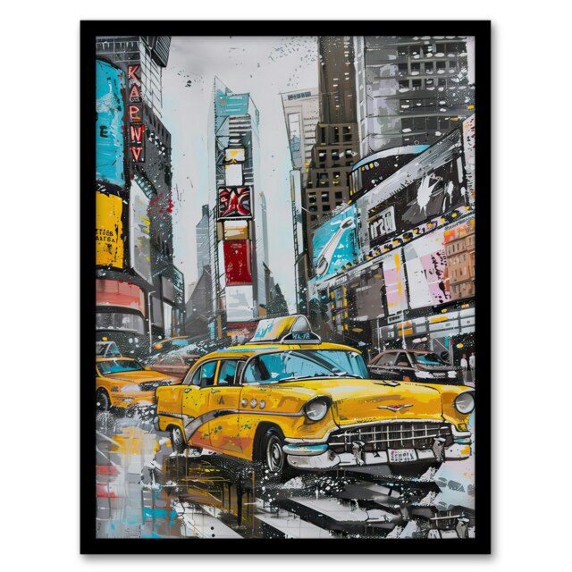 New York City Taxi Cars Times Square Home Decor Black Framed Wall Art Print A4