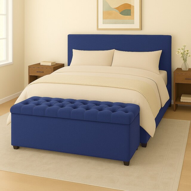 150cm Chesterfield Plush Velvet Sapphire Blue Upholstered Storage Ottoman Bench - Deep Tufted Lid & Wooden Leg