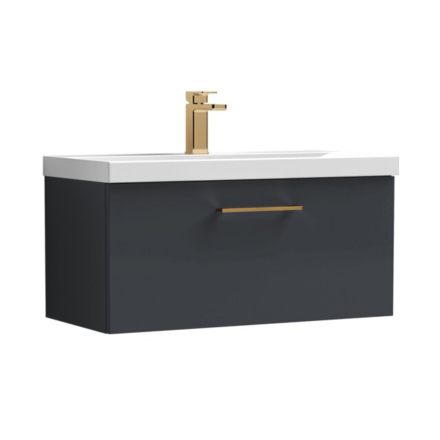Balterley Wall Hung Bathroom 1 Drawer Vanity Unit and 1 Tap Hole Ceramic Basin, with Handle Grey Soft Black
