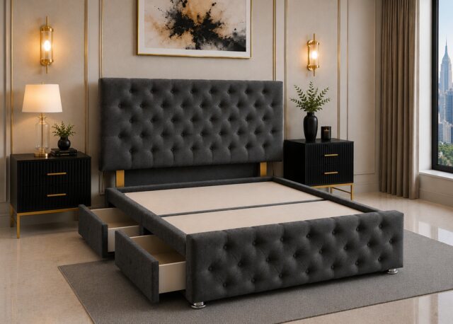 Brooklyn Divan Bed with Upholstered Headboard & Footboard Base - Double Grey Naples 4 Drawers
