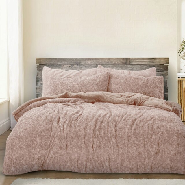 Velosso Teddy Marl Fluffy and Warm Fleece Duvet Cover Set Pink Blush Super King