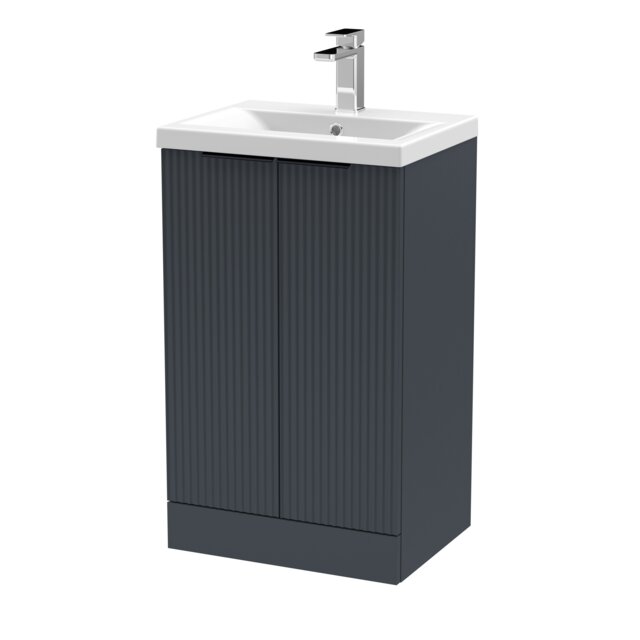 Balterley Fluted Front Floor Standing 2 Soft Close Door Bathroom Vanity Unit with 1 Tap Hole Basin, Handles Grey Soft Black