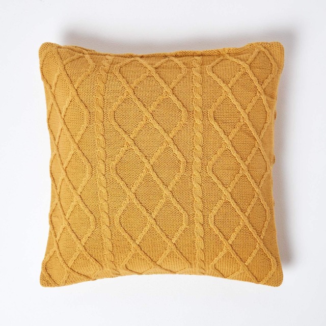 Homescapes Mustard Diamond Cable Knit Cushion Cover - 45 x 45 cm Yellow Mustard Yellow 1