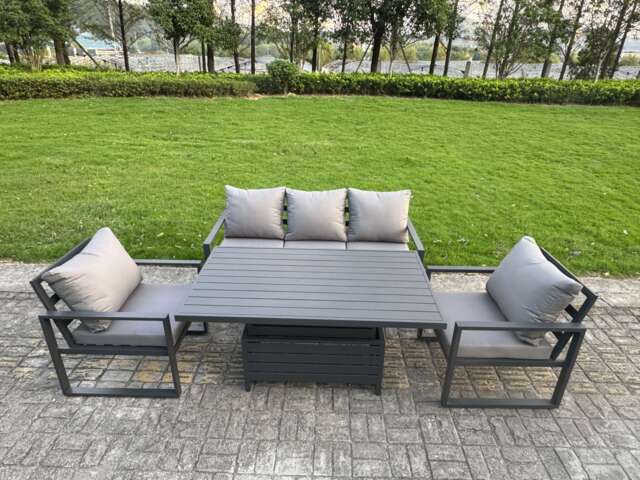 Fimous 4-Piece Aluminium Garden Furniture Sets 5 Seater Outdoor Sofa Set with Adjustable Rising Lifting Dining Table 2 Chairs