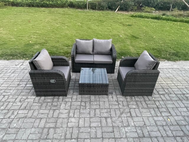 Fimous Wicker PE Rattan Garden Furniture Set Outdoor Lounge Sofa Set with Love Sofa Square Coffee Table Dark Grey Mixed