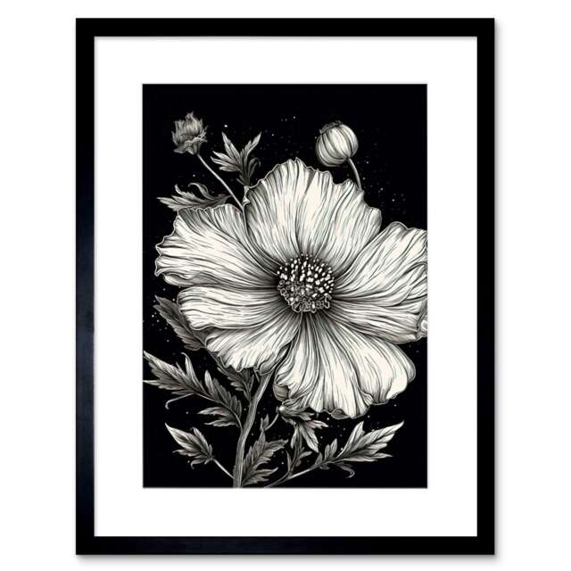 "Black White Cosmos Flower Starry Night Sky 9x7"" Black Framed Wall Art Print"