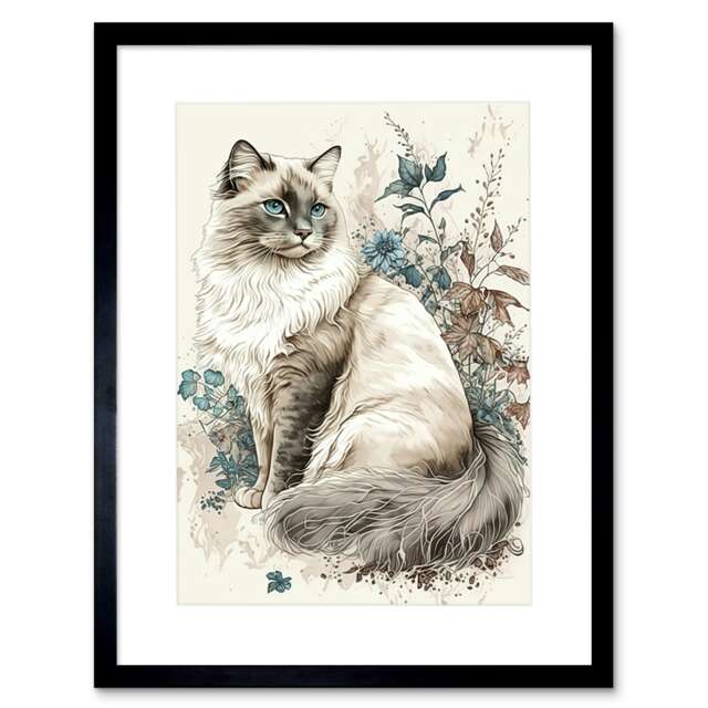 "Blue Point Ragdoll Cat Flowers Watercolour 9x7"" Black Framed Wall Art Print"