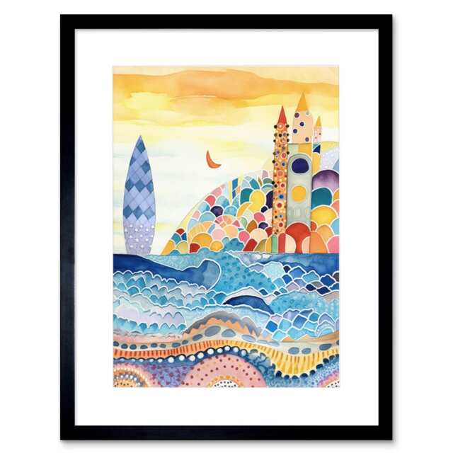 "Abstract Seascape Waves Beach Folk Art Bathroom 9x7"" Black Framed Wall Art Print"