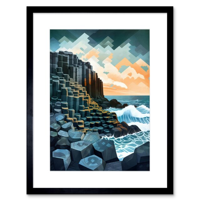 "Giant's Causeway Northern Ireland Basalt Formations 9x7"" Black Framed Wall Art Print"