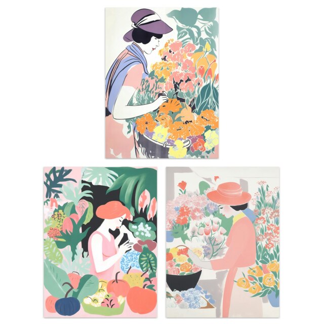Set of 3 Danish Pastel Flower Market Gift for Mum Floral Wall Art Prints 12x16 Inch