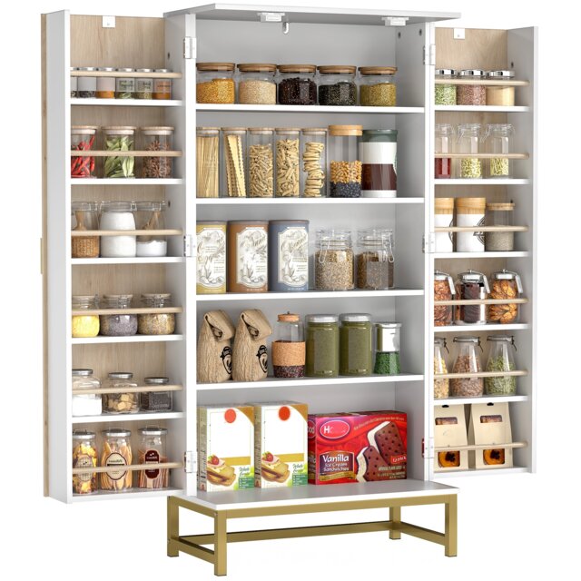 HOMCOM Kitchen Cabinet with Double Doors, 5 Tiers, 12 Spice Racks, White White White with natural wood and gold-tone accents 58W x 29D x 119.5H cm