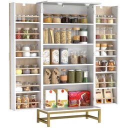 HOMCOM Kitchen Cabinet with Double Doors, 5 Tiers, 12 Spice Racks, White White White with natural wood and gold-tone accents 58W x 29D x 119.5H cm