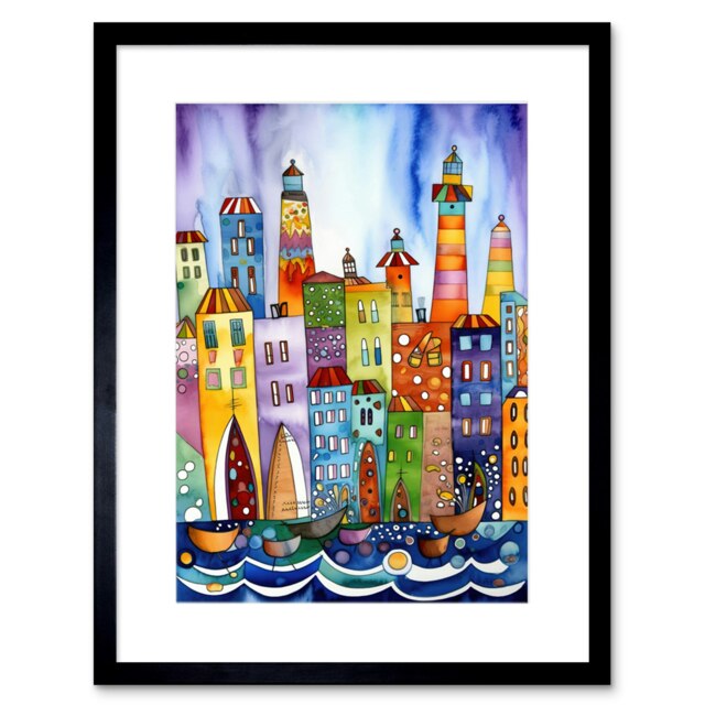 "Canal Area Folk Art Watercolour Painting 9x7"" Black Framed Wall Art Print"