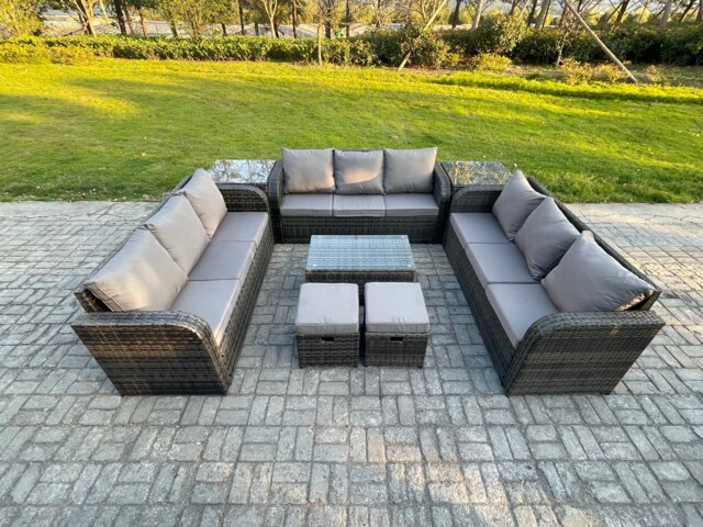 Fimous Rattan Lounge Sofa Set 11 Seater Outdoor Garden Furniture Set with Rectangular Coffee Table 3 Seater Sofa 2 Side Tables 2 Small Footstools Dark Grey Mixed